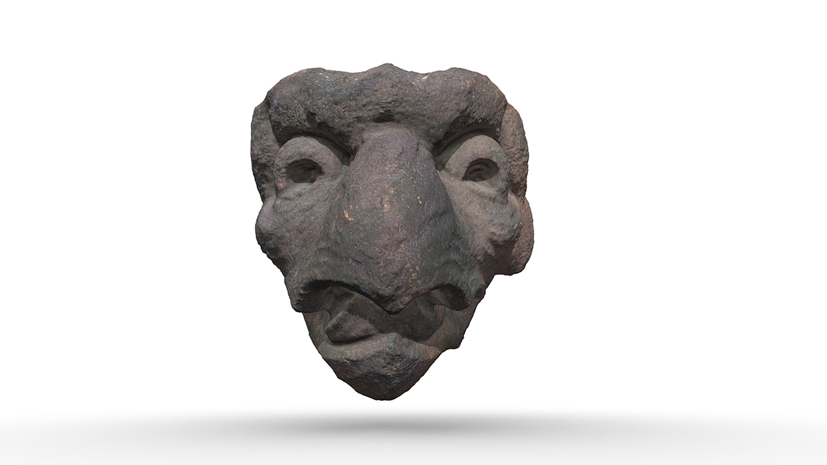 A screen grab showing the stone grotesque from the online Sketchfab model. The model is viewed straight on with a drop shadow.